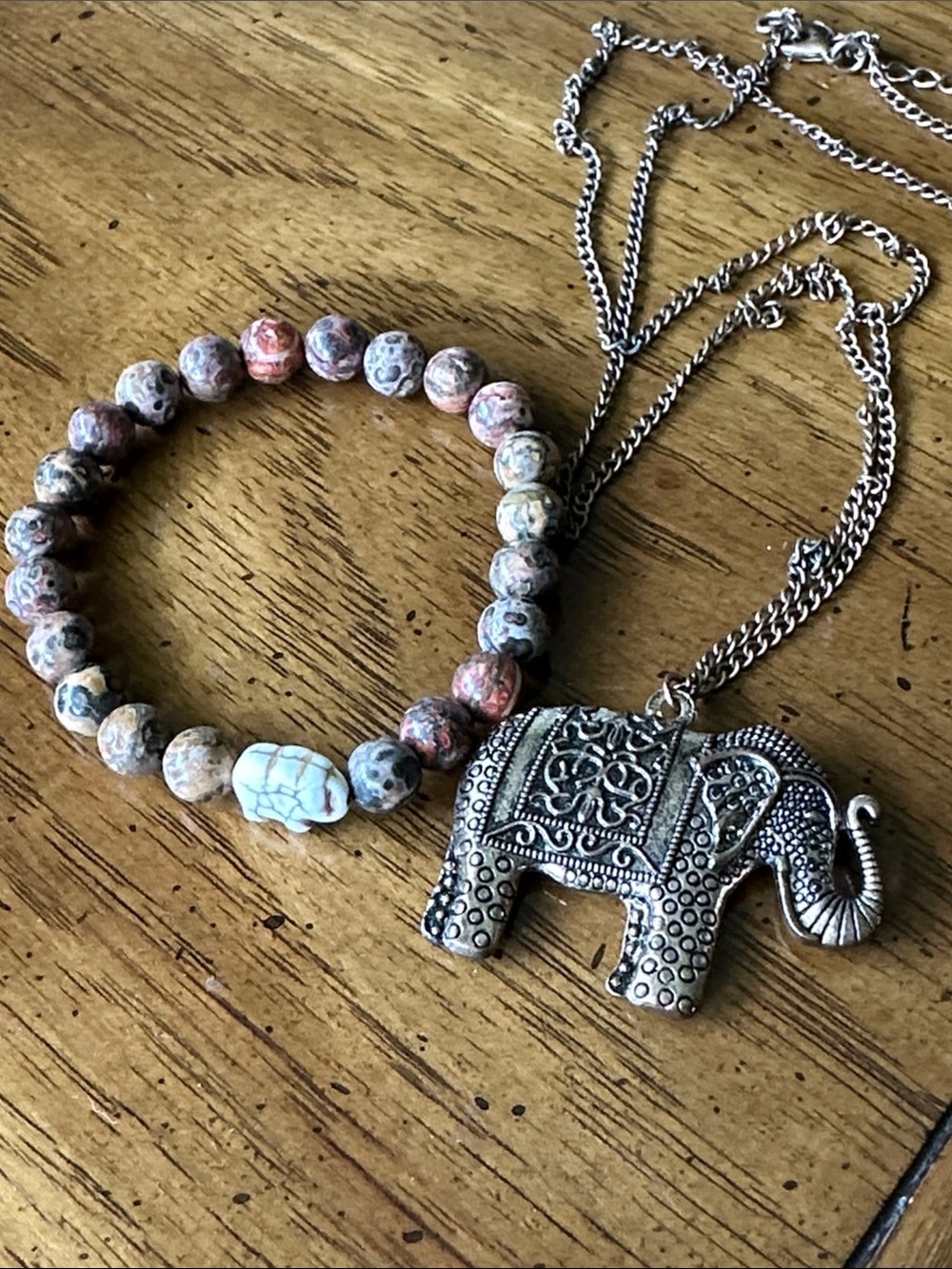 Gold tone Elephant Pendant Necklace with Multicolor Stone Bead Bracelet
